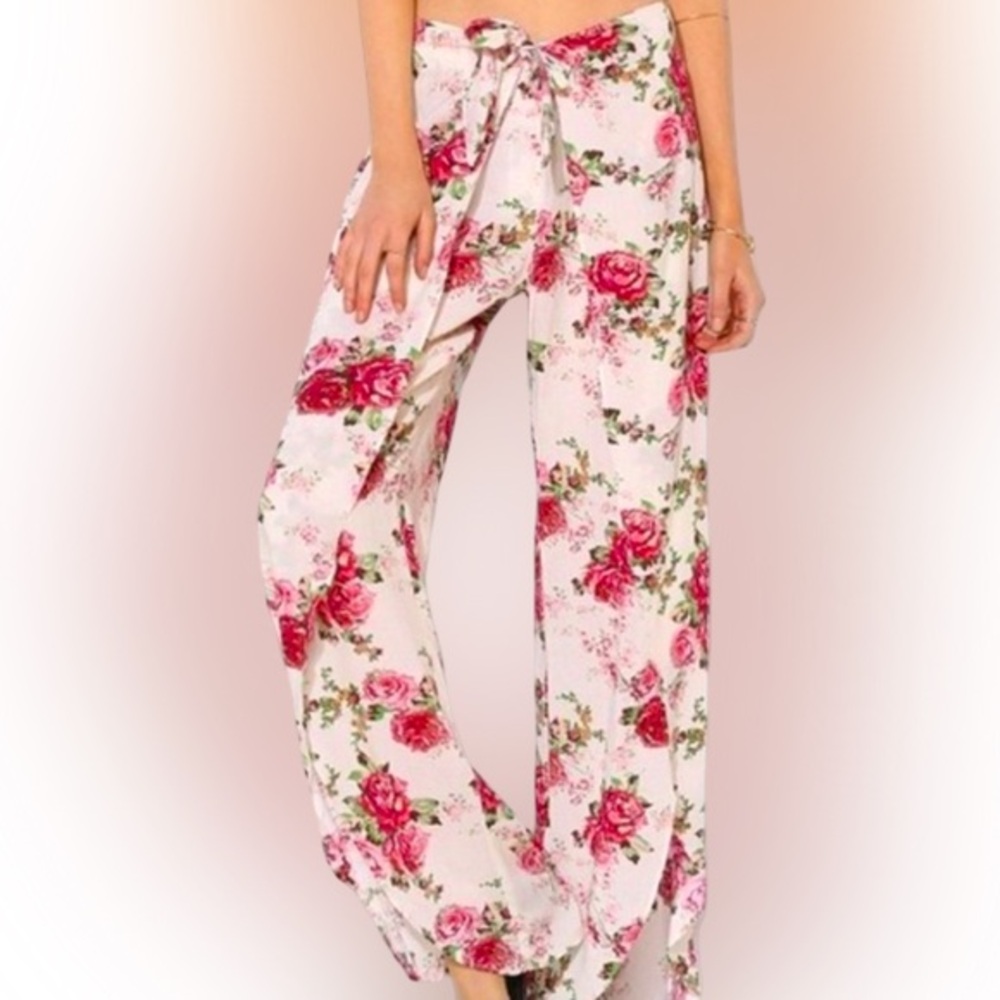 Urban Outfitters Pins & Needles Pink and White Wide Leg Wrap Pant -0 white pink